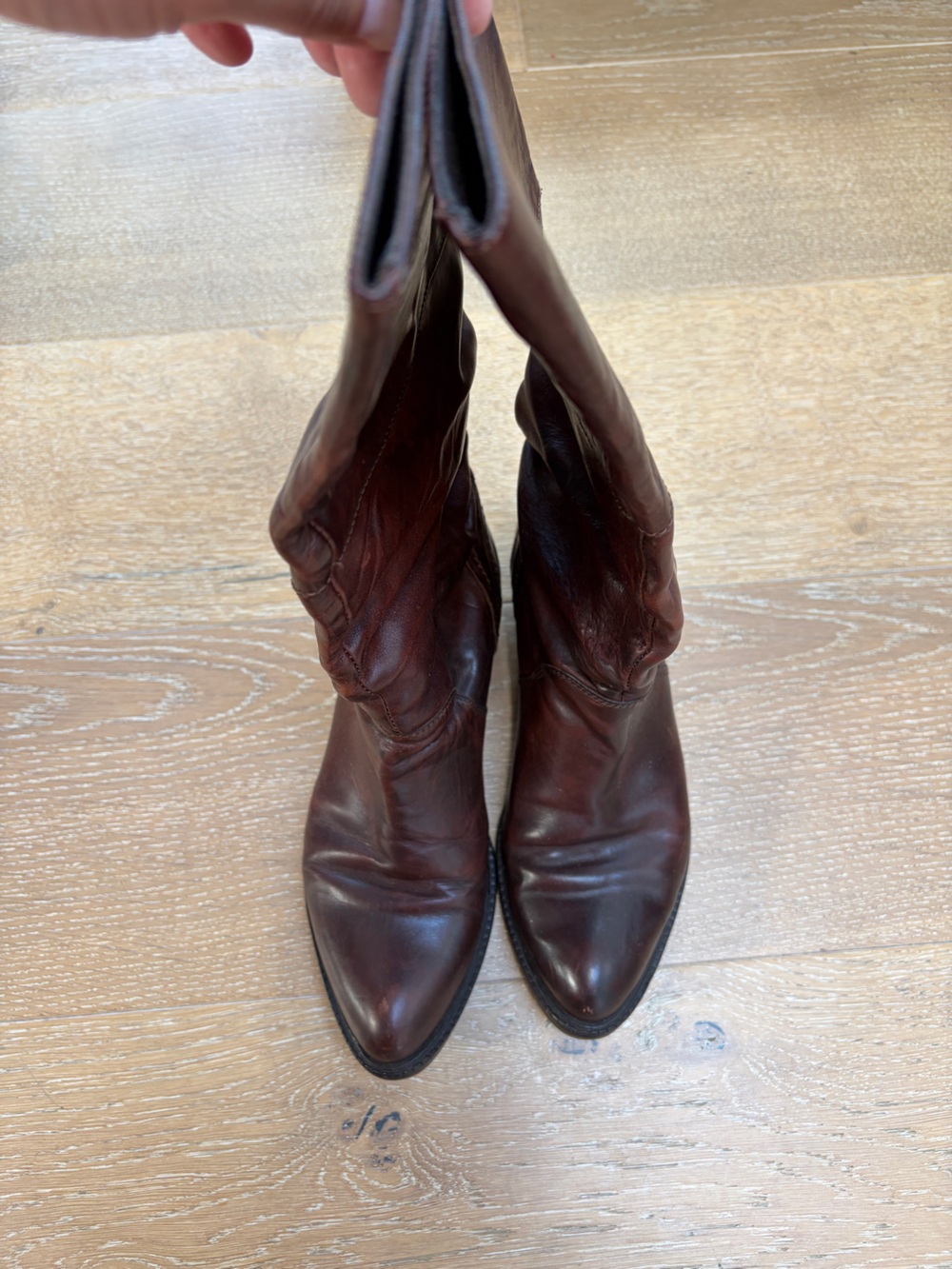 Women's Pointed Toe Mid-Calf Heeled Boots in Dark Brown Leather